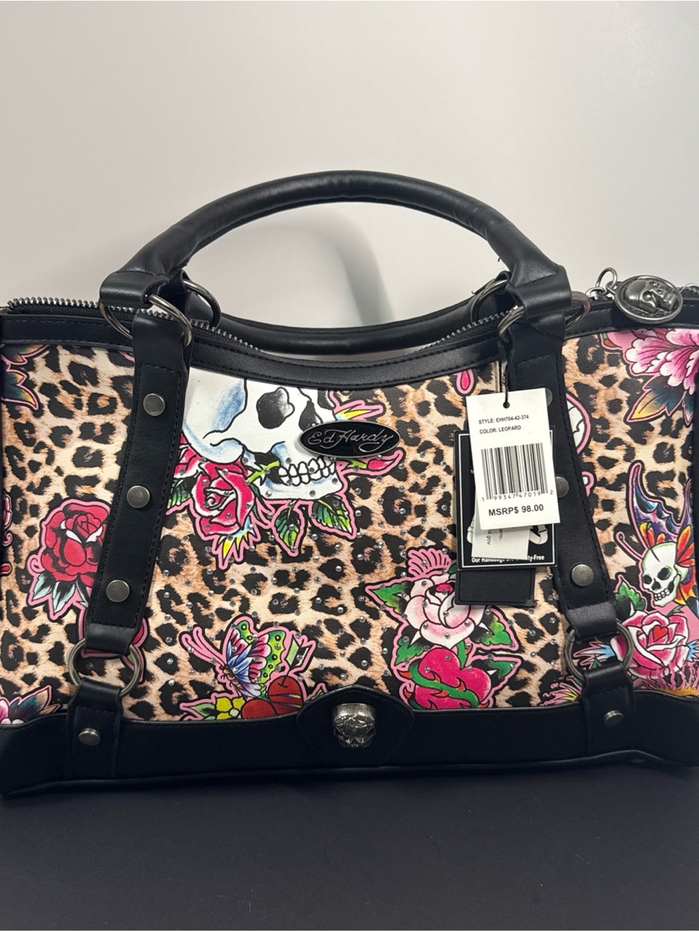 Ed Hardy Leopard Floral Skull Satchel - Pink/Black/Tan